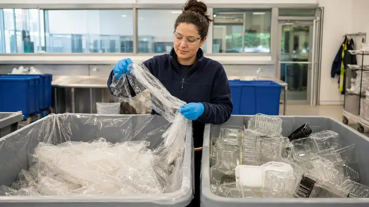 Clean dry flexible film being separated from rigid packaging at a staffed collection point