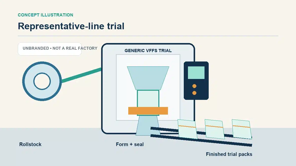 Concept illustration of rollstock running through a flexible food packaging line trial