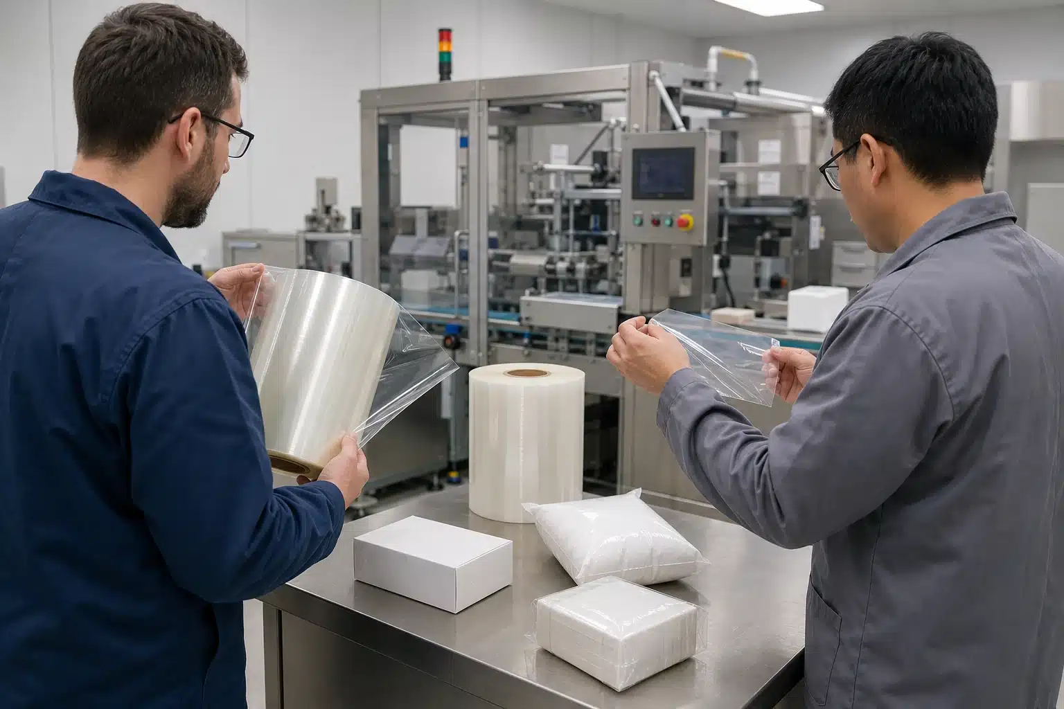 Packaging engineers comparing flexible film rolls and trial packs beside a pilot line
