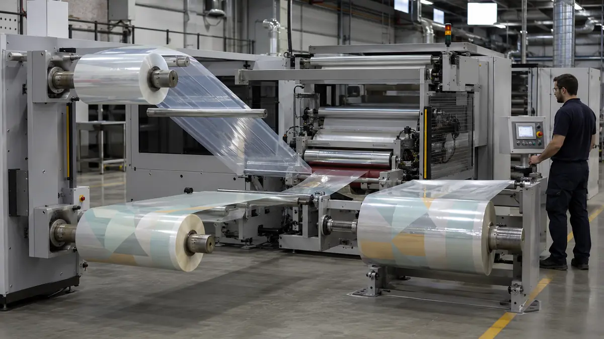 Two flexible film webs converging at the nip of a roll-to-roll laminator