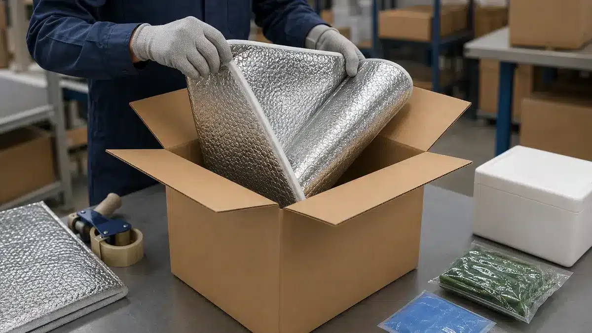 Concept illustration of a flexible reflective insulated liner being folded into a shipping carton