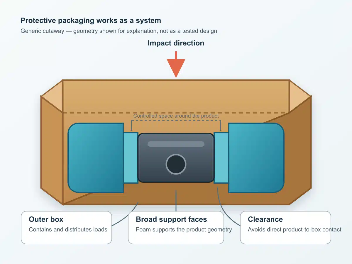 Cutaway diagram of a product supported by two foam end caps inside a corrugated shipping box.