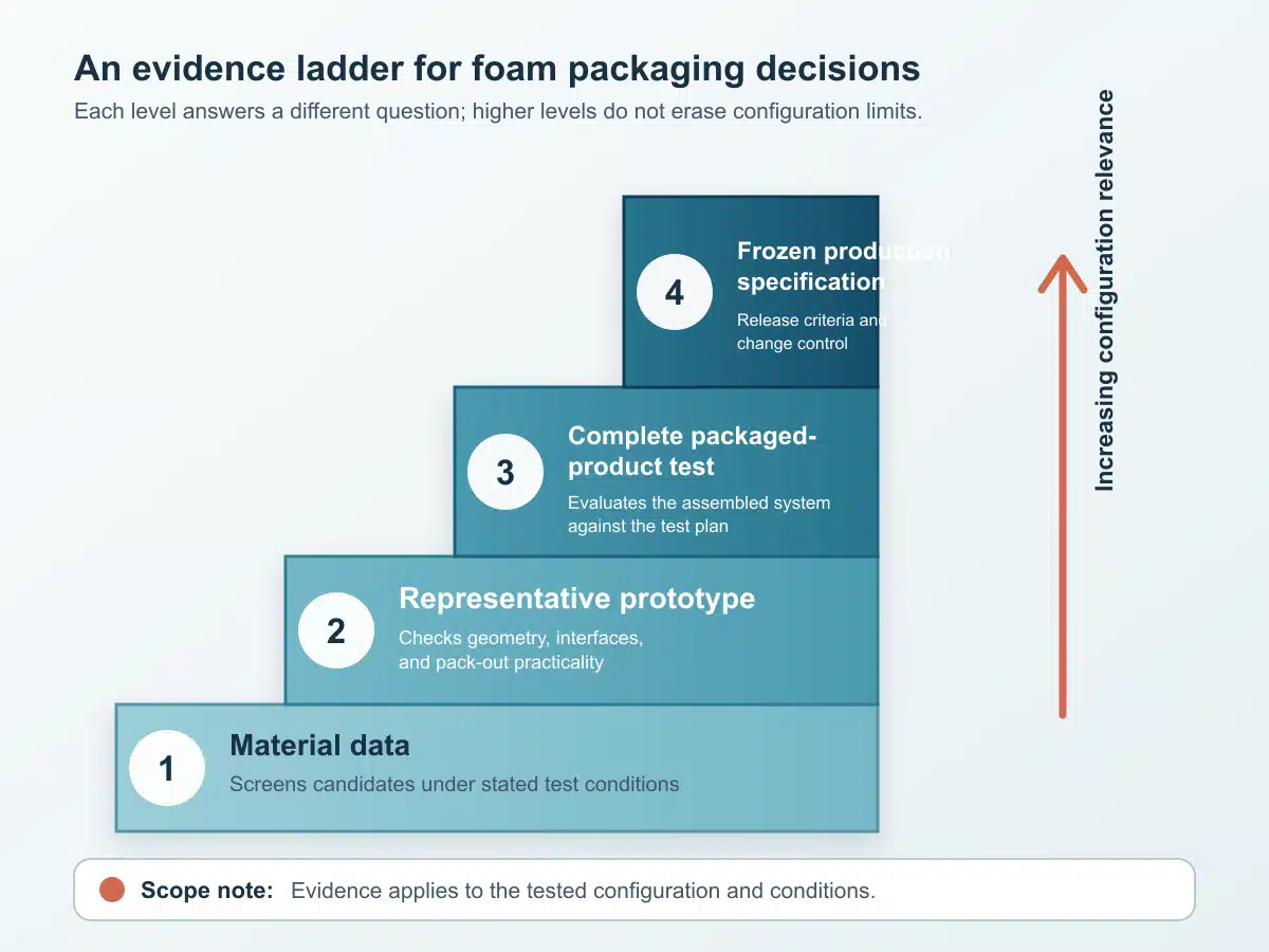 Evidence ladder from foam material data to complete package testing and production change control.