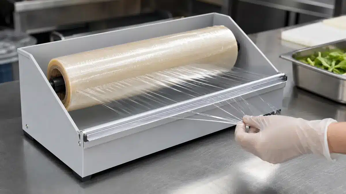 Unbranded foodservice cling film roll feeding through a countertop dispenser