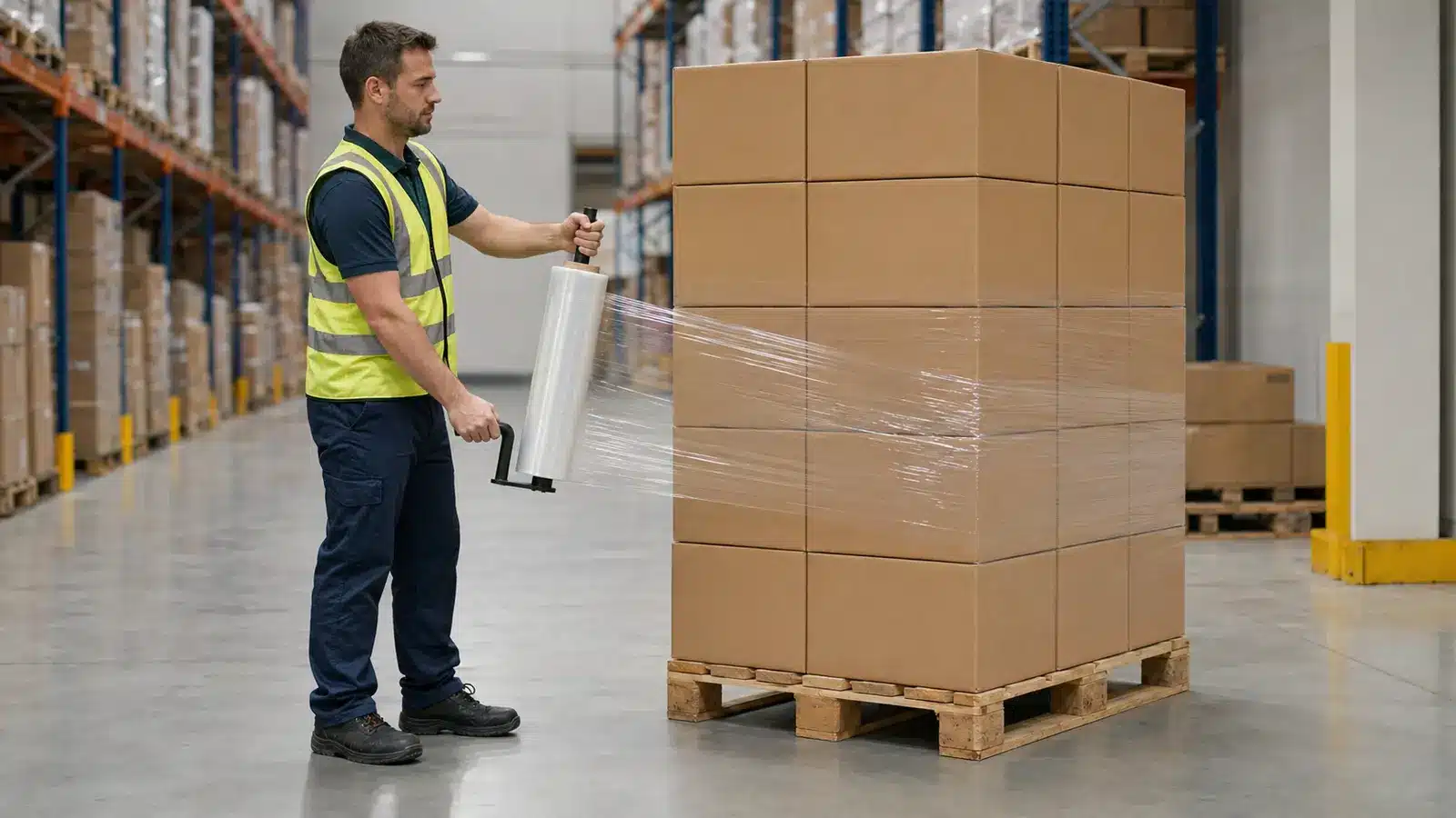 Concept illustration of an operator safely applying hand stretch film to a pallet