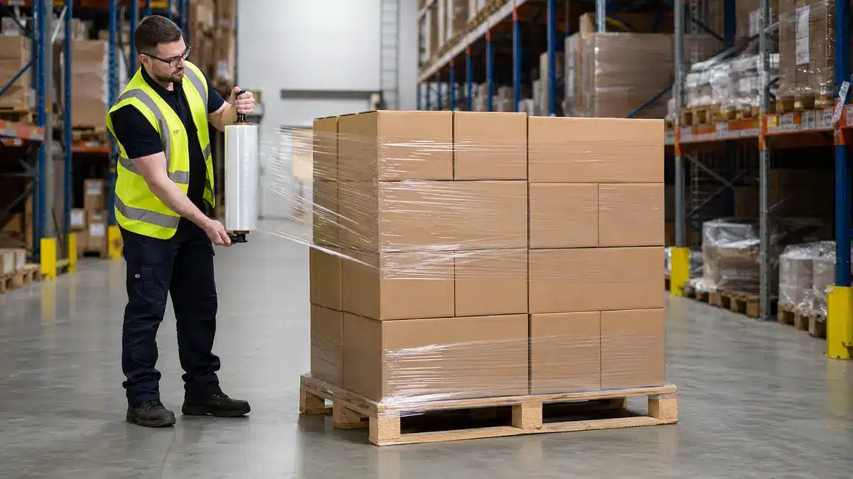 Warehouse operator applying transparent stretch film around a stable pallet load