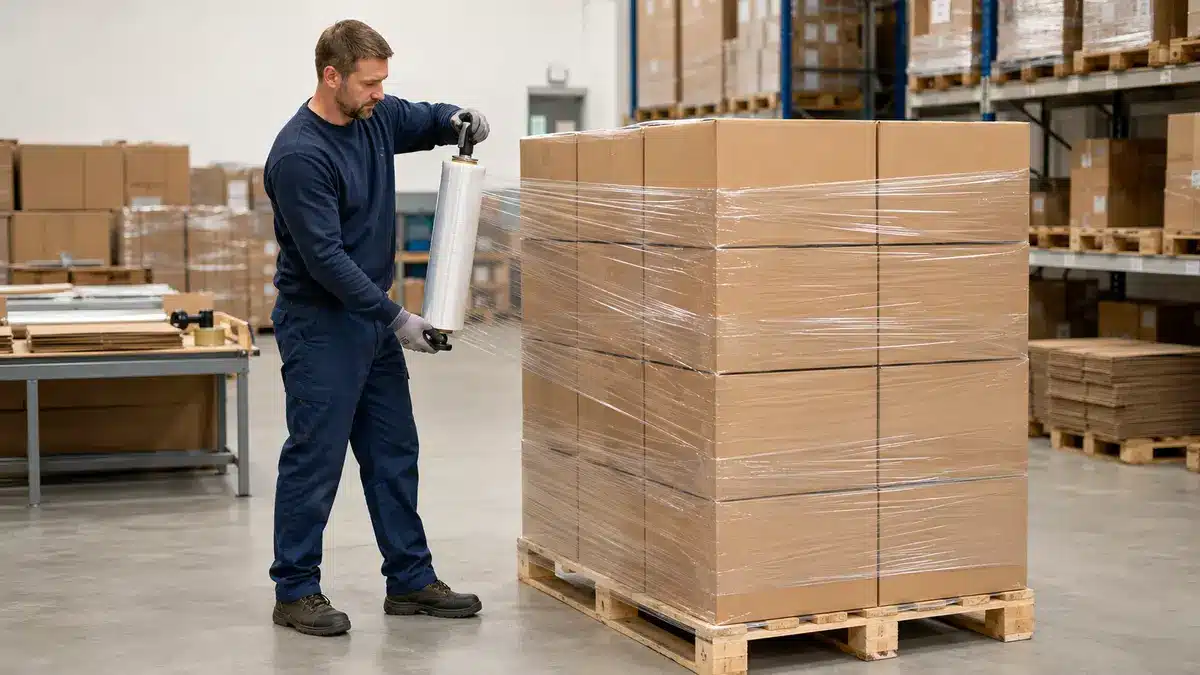 Warehouse operator applying transparent hand stretch film to a uniform pallet load