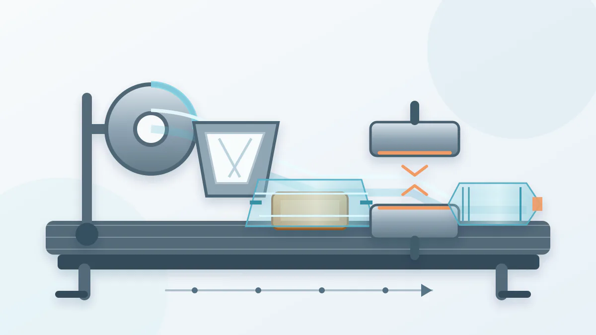 Concept illustration of a flexible film web forming and sealing around a product on a horizontal flow wrapper