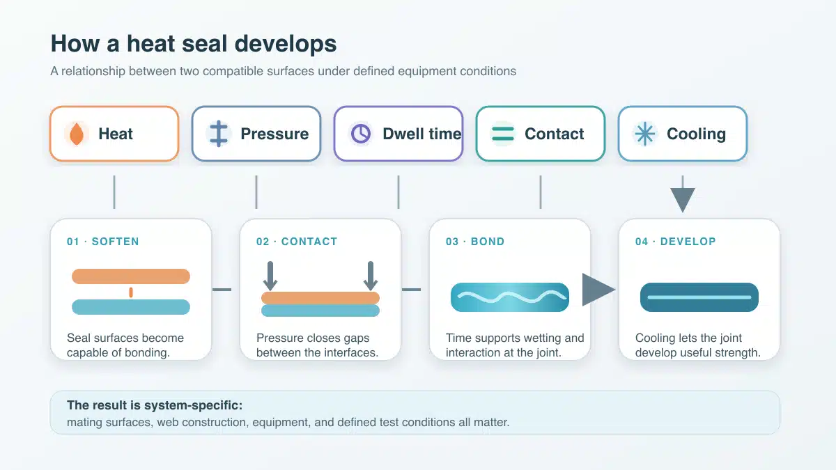 Diagram showing heat, pressure, dwell time, interface contact, and cooling in heat-seal formation