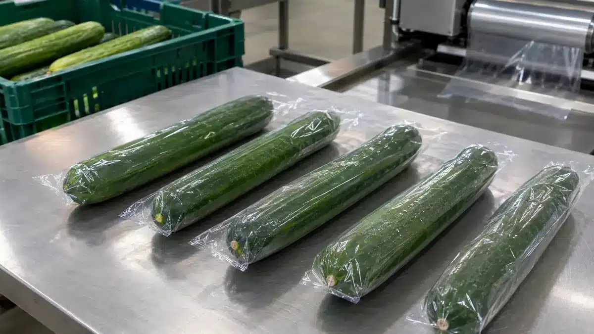 Whole cucumbers in clear individual shrink wraps on a produce packing table
