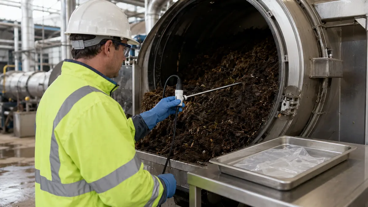 Operator checking controlled industrial composting conditions beside a separate film sample tray