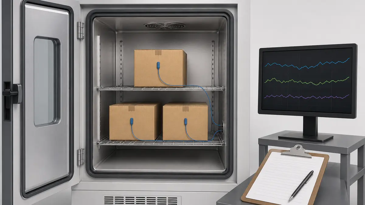 Concept illustration of instrumented insulated shipping cartons undergoing controlled qualification testing