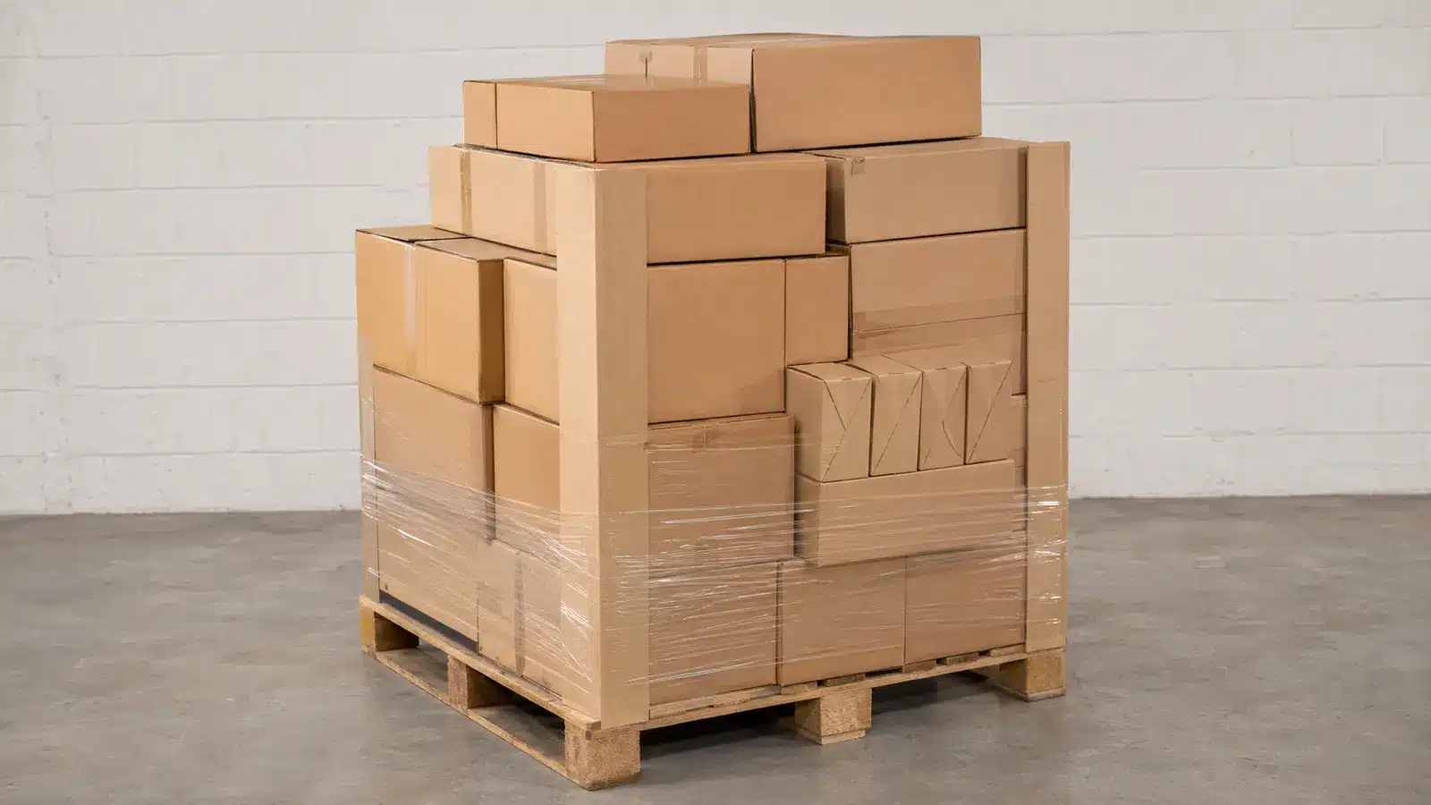 Concept illustration of an irregular pallet load protected at exposed edges before stretch wrapping