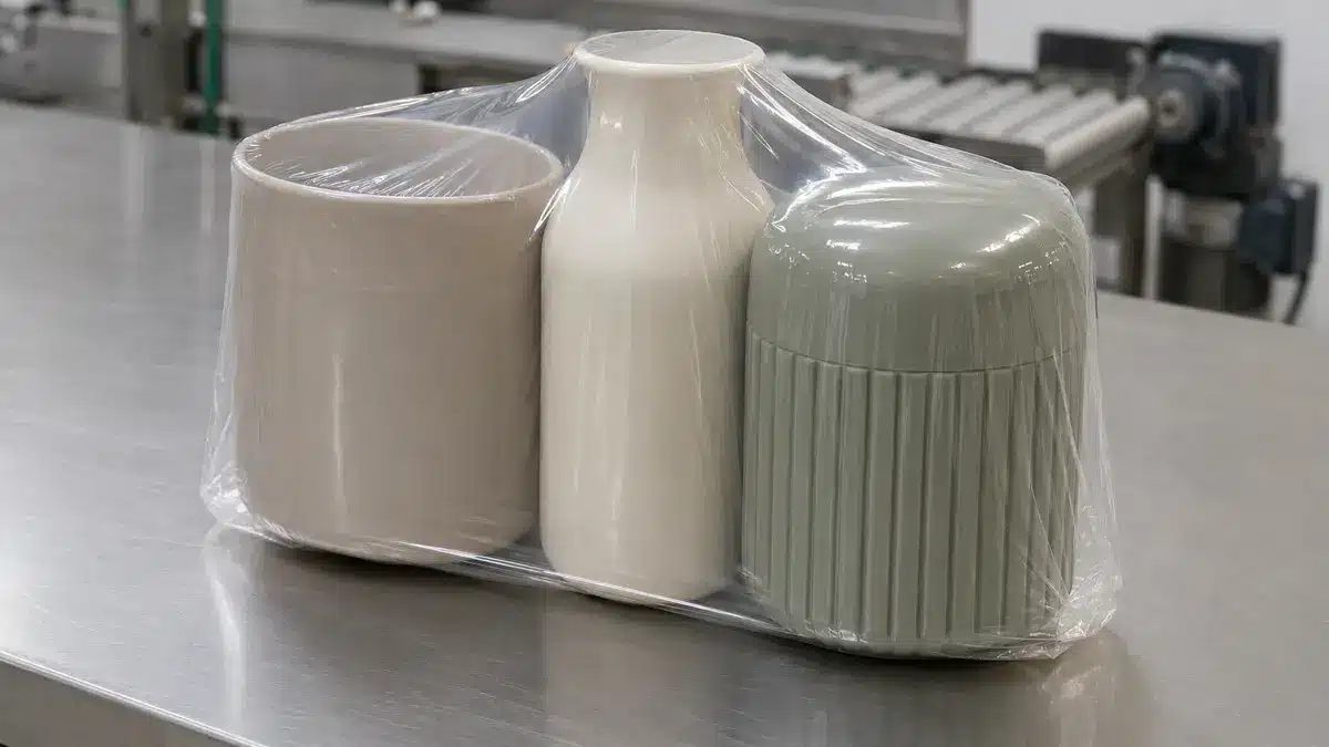 Clear shrink film around an unbranded irregular retail multipack