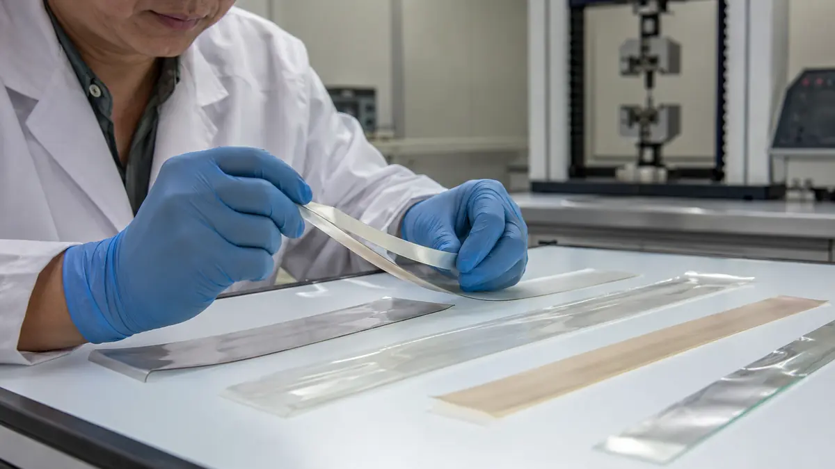 Quality technician inspecting transparent laminate samples on a neutral light table