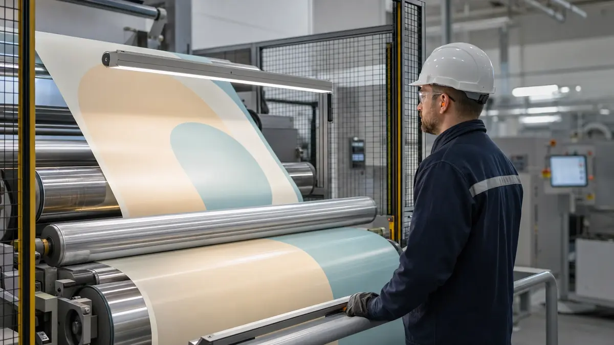 Packaging engineer inspecting web alignment and surface quality during a lamination trial