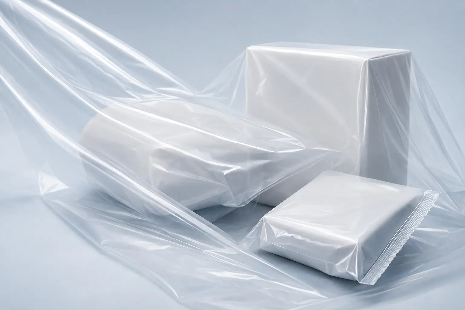 Concept illustration of soft flexible LDPE film around simple packaging shapes