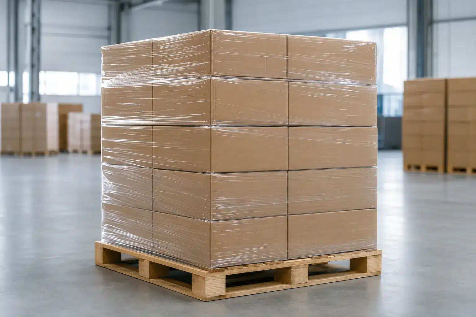 Concept illustration of transparent LLDPE-rich stretch film securing unbranded cartons