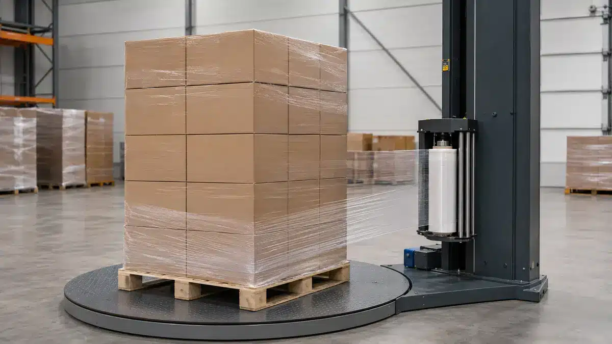Concept illustration of clear stretch film being applied to an unbranded pallet load by a powered wrapper.