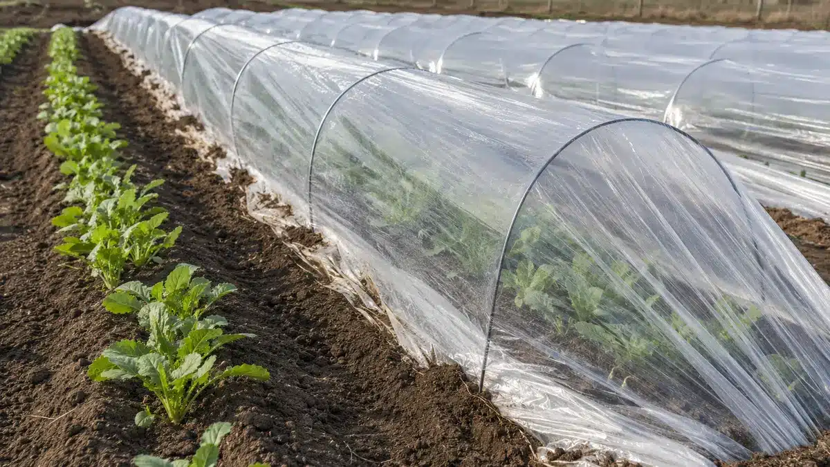 Concept illustration of clear low-tunnel film over vegetable rows