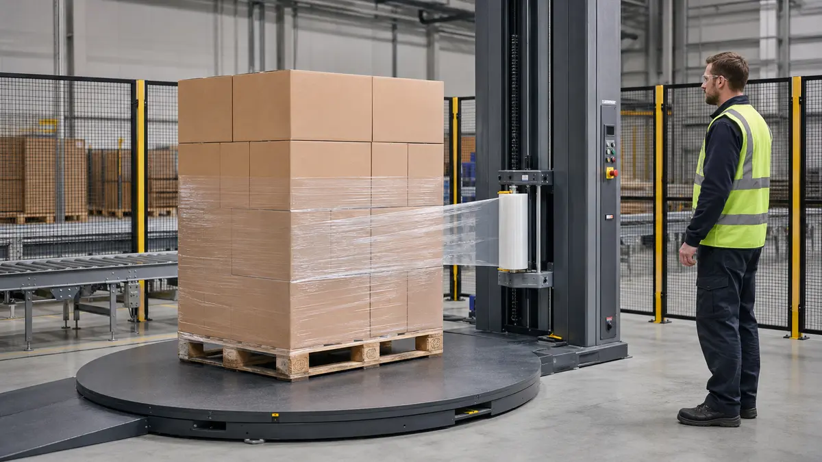 Concept illustration of a pallet load being wrapped with transparent film on a turntable stretch wrapper