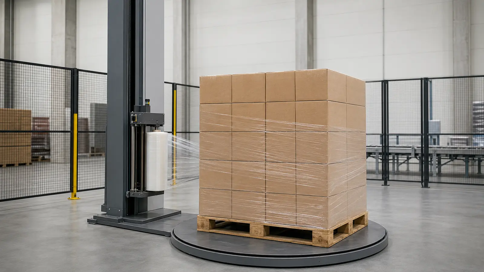 Concept illustration of stretch film being applied by an automatic pallet wrapper