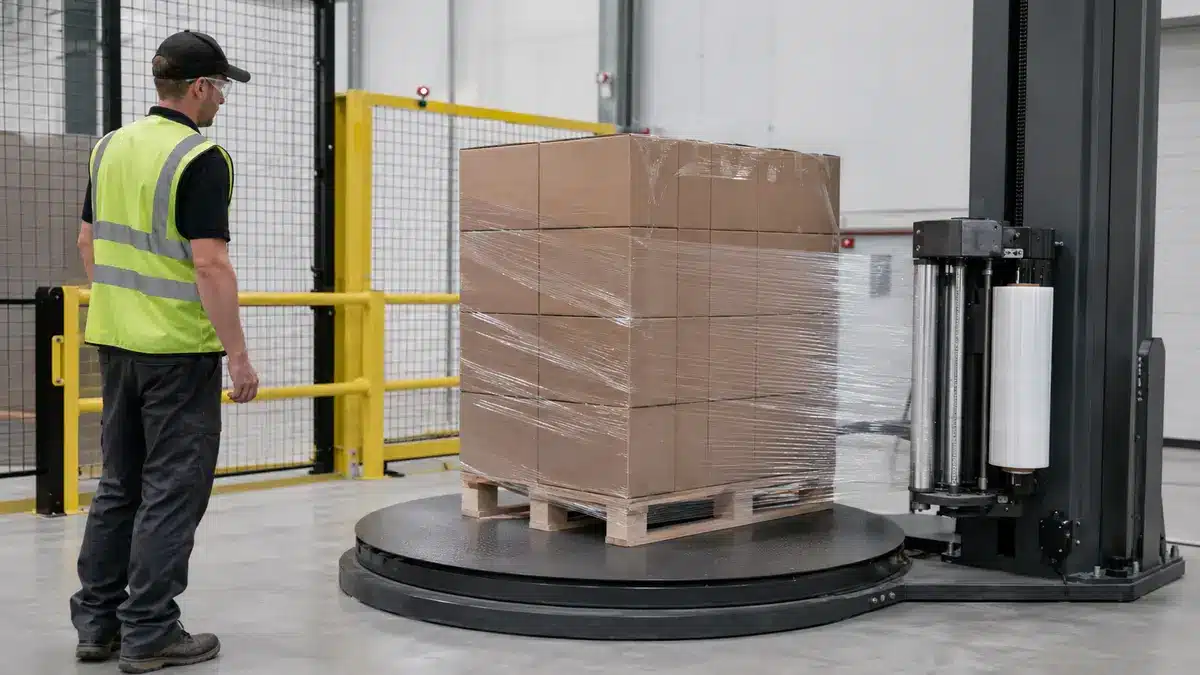 Machine stretch wrapper applying clear film around a uniform pallet load while an operator checks web alignment