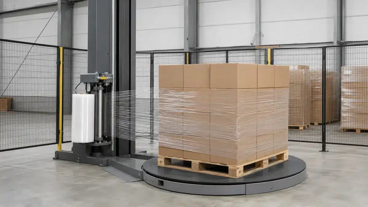 Automatic stretch wrapping machine applying transparent film to a boxed pallet