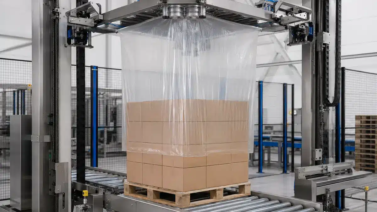 Tubular stretch-hood film being mechanically stretched and lowered over a pallet load