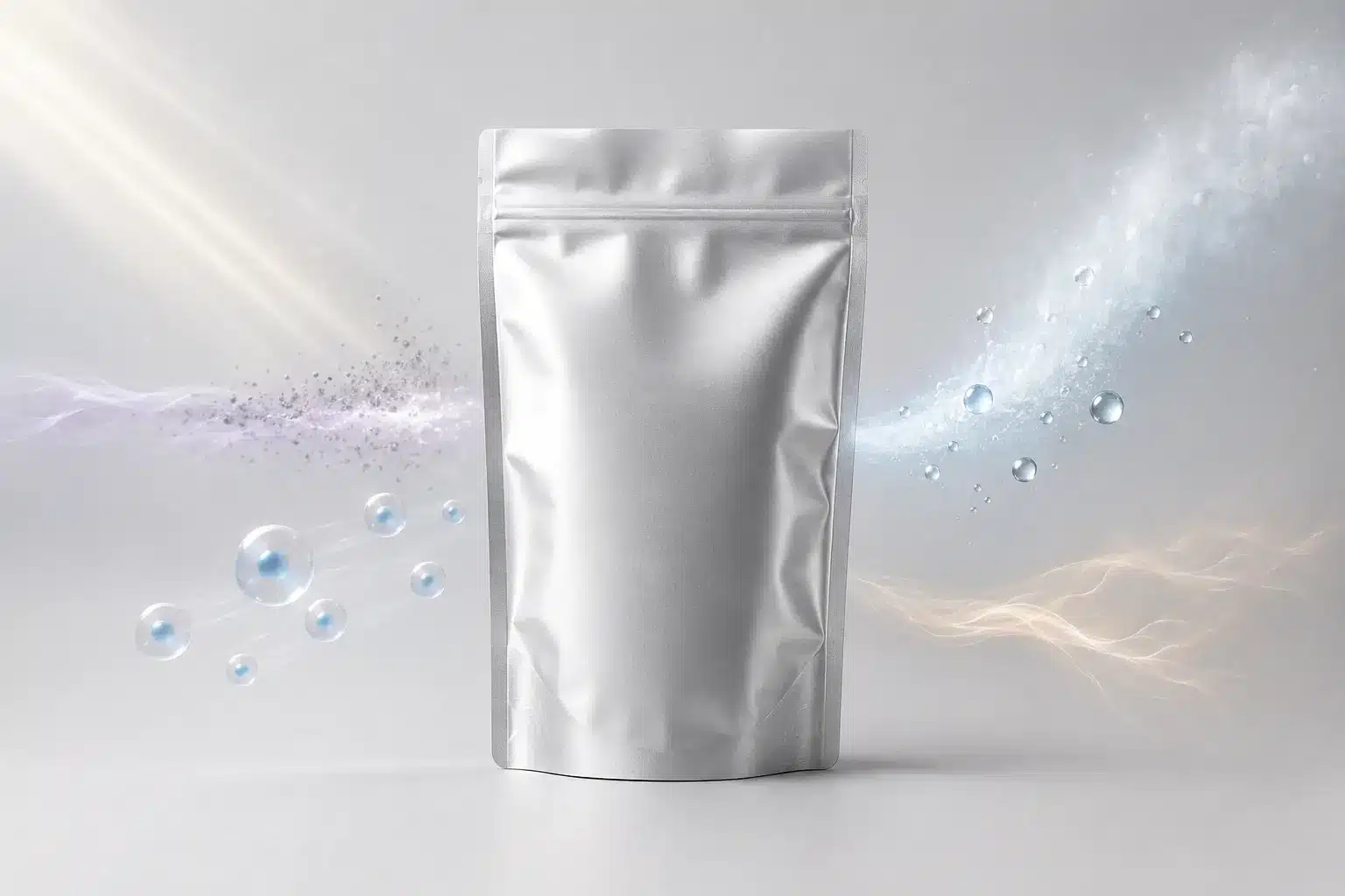 Concept illustration of a silver flexible pouch with restrained visual cues for light, moisture, oxygen, and aroma protection.