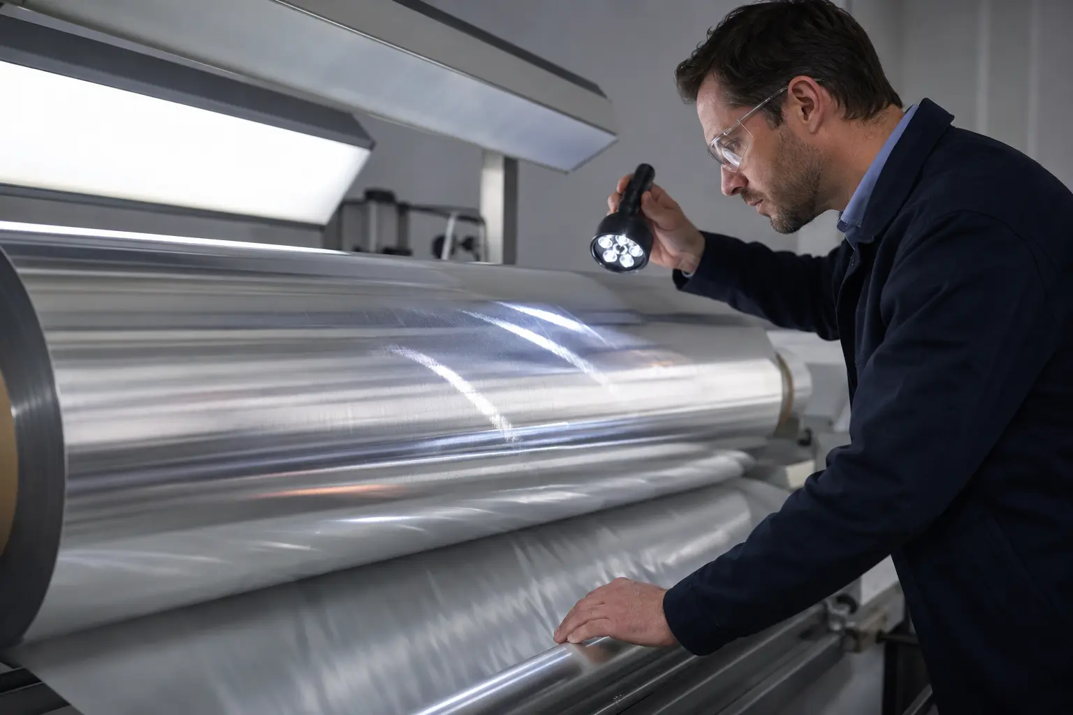 Concept illustration of a technician inspecting a metallized film web under angled light.