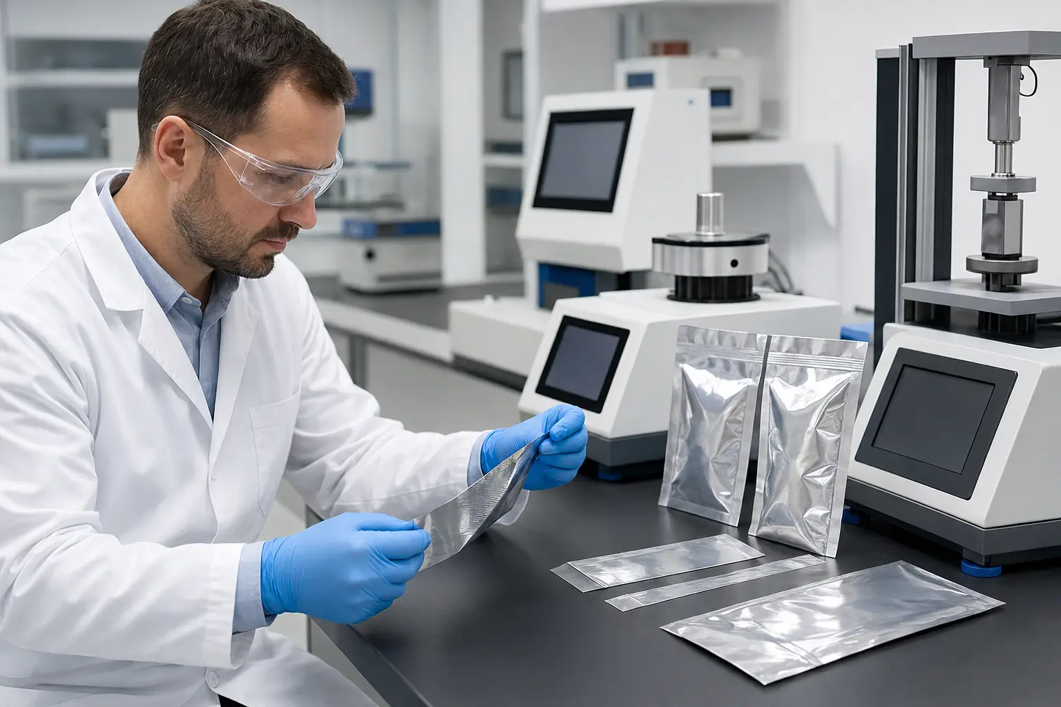 Concept illustration of a packaging technician evaluating metallized film samples and sealed pouches in a generic laboratory.