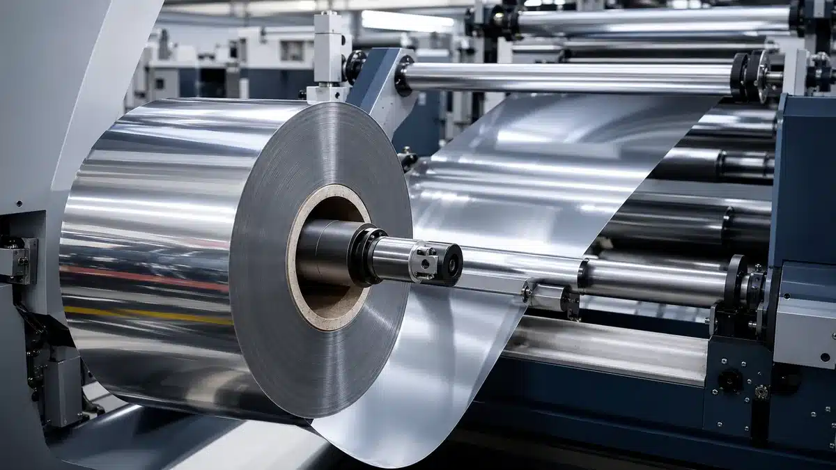 Reflective metallized PET film roll moving through a generic coating or slitting process