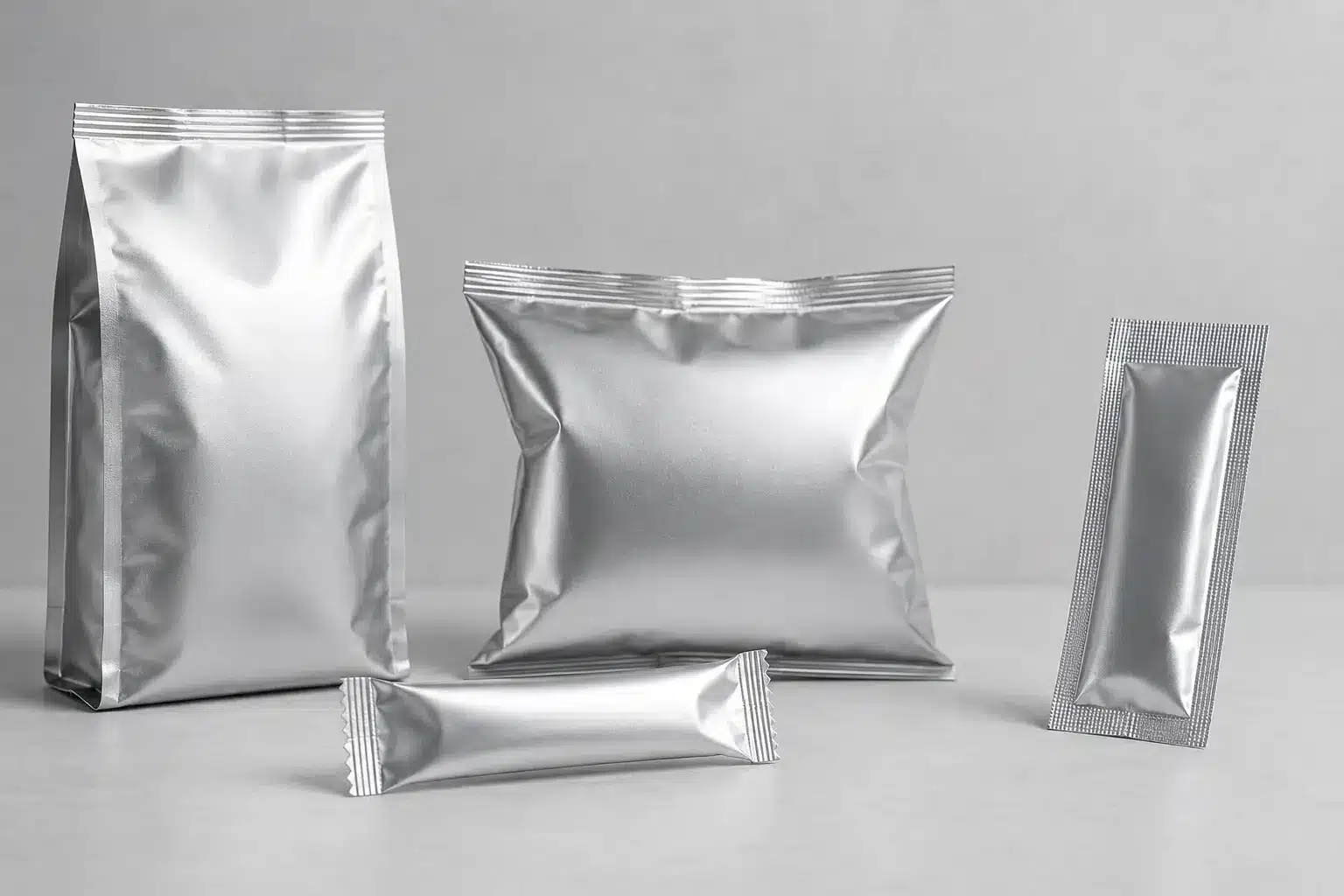 Concept illustration of unbranded coffee, snack, confectionery, and dry-product packs with a metallized-film appearance.