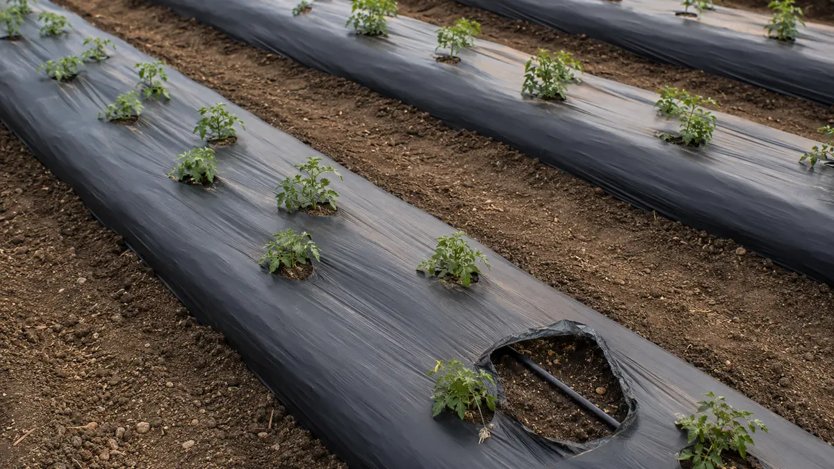 Concept illustration of black mulch film installed on raised vegetable beds
