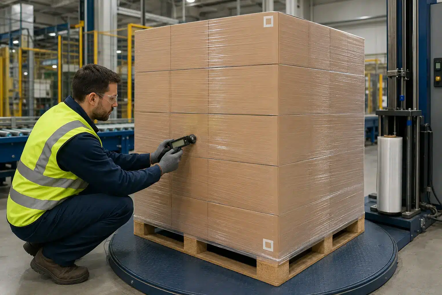 Concept illustration of a quality check on a stretch-wrapped pallet