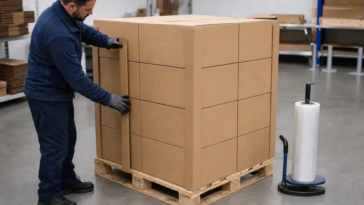 Worker fitting plain cardboard corner protectors to cartons before stretch wrapping