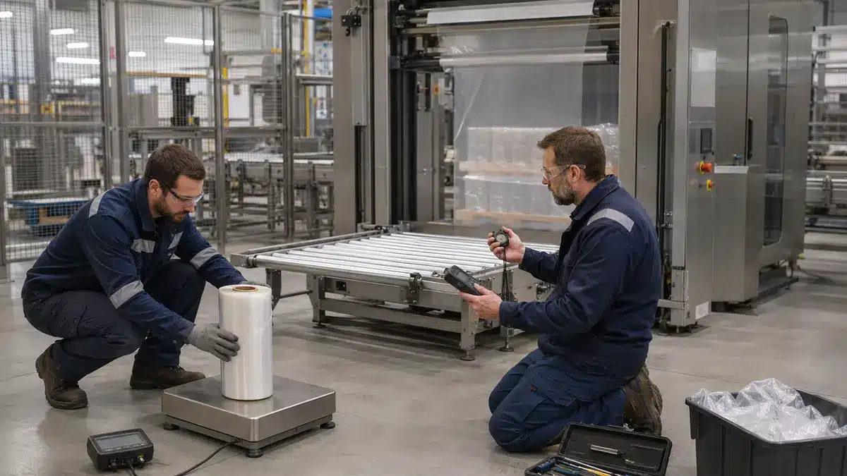 Packaging engineers measuring film mass, energy use, and line downtime beside a pallet hooding cell