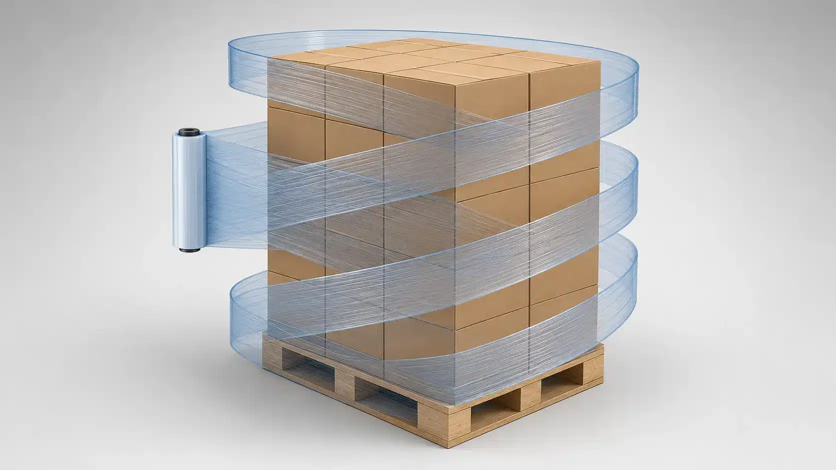 Concept illustration of stretch film following a helical path around a rectangular pallet load