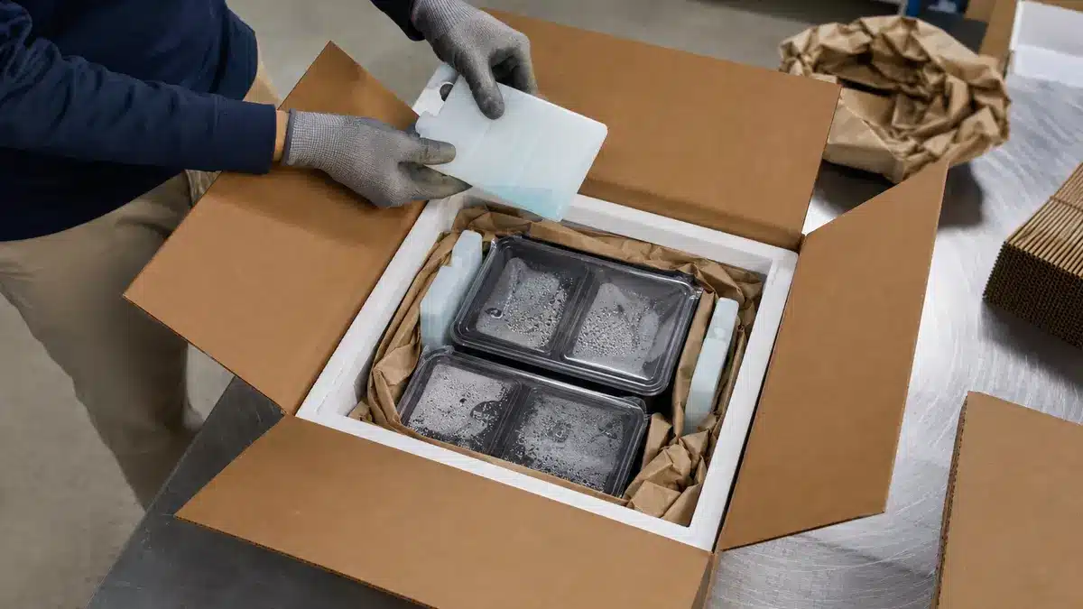 Concept illustration of a worker assembling a passive insulated food shipment with coolant packs.