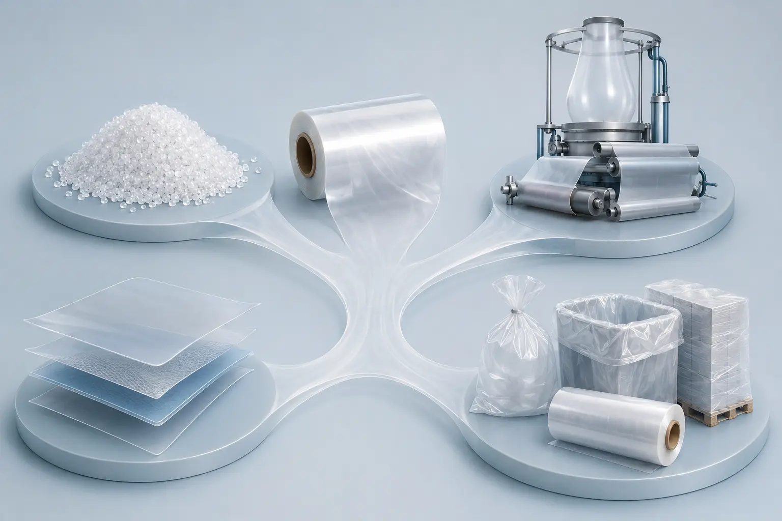 Concept illustration separating PE resin families, film processes, layer structures, and packaging formats