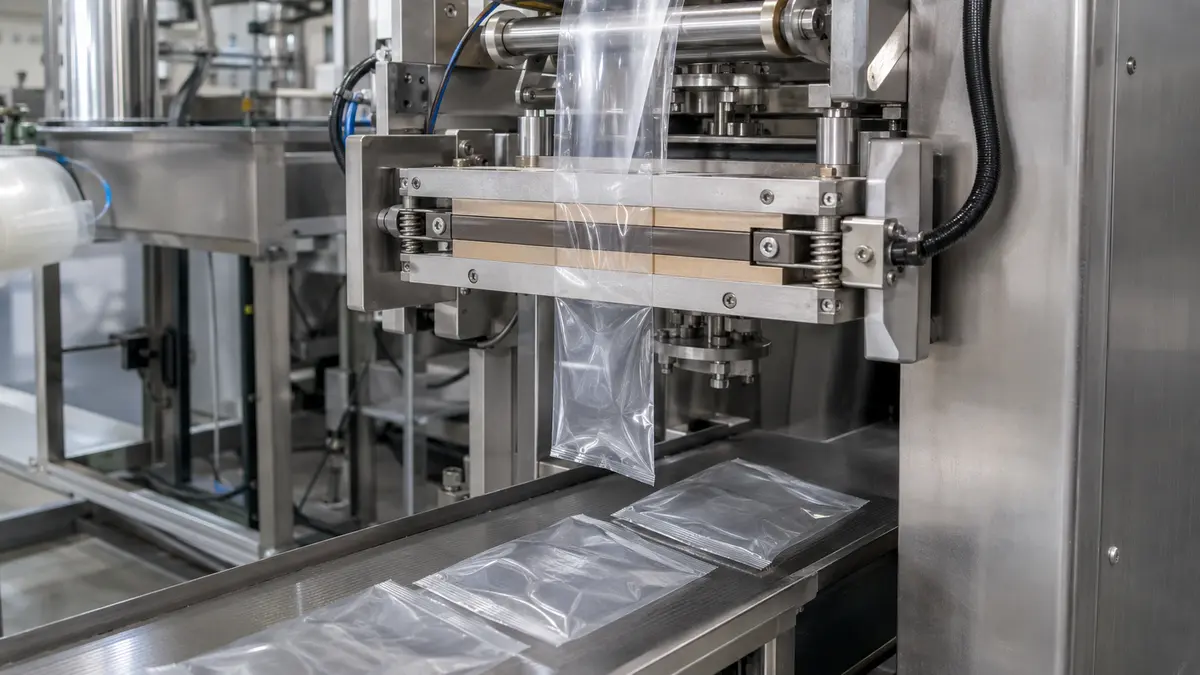 Unbranded flexible pouch passing through heat-sealing jaws on packaging equipment
