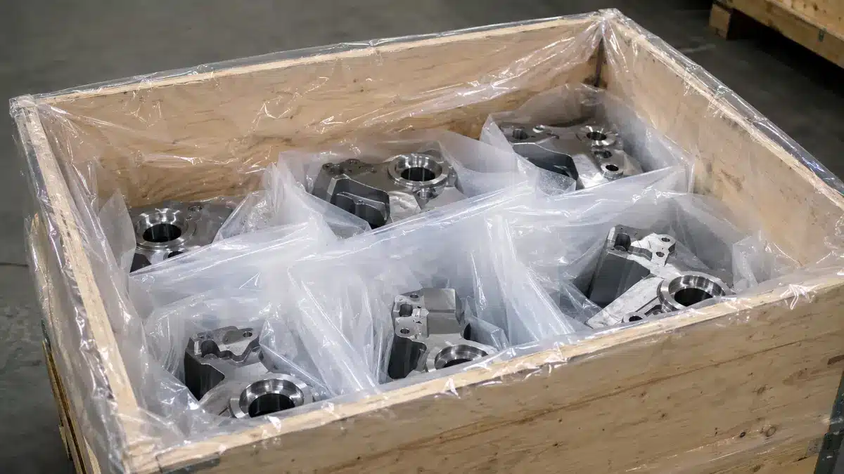 Clear PE liner protecting unbranded metal components in an industrial crate