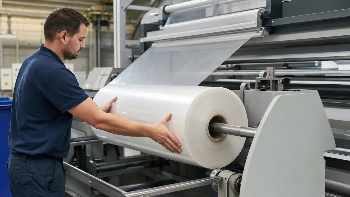 Technician aligning an unbranded PE film roll on packaging equipment