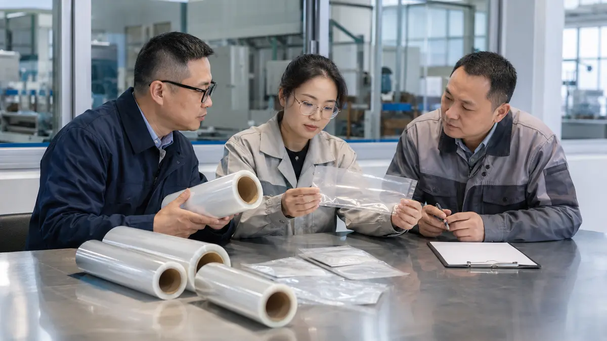Quality and packaging team reviewing unbranded PE film rolls and package samples