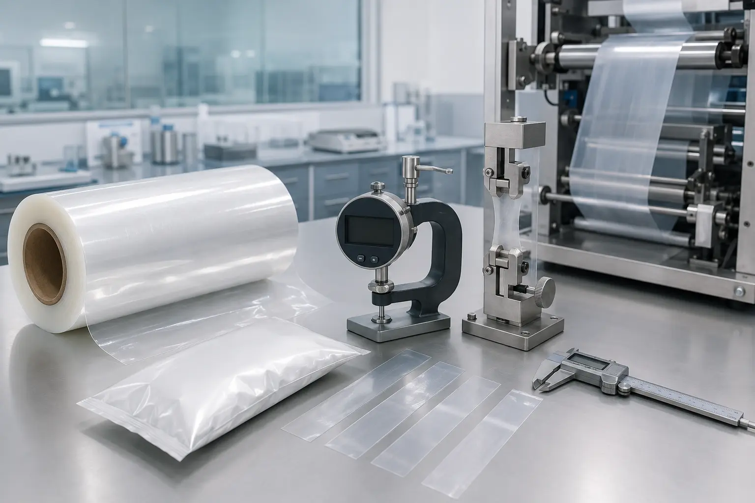 Concept illustration connecting PE film roll, package, test specimen, measurement, and machine validation
