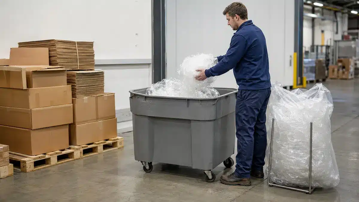 Clean transparent commercial stretch-film waste collected separately in a warehouse recycling area
