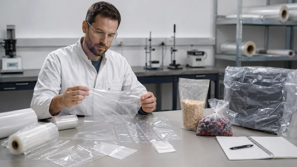 Packaging engineer reviewing PE film samples beside several unbranded package formats