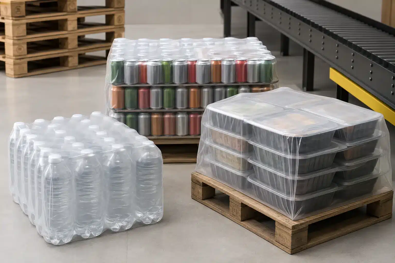 Concept illustration of robust polyethylene shrink bundles holding unbranded food and beverage multipacks