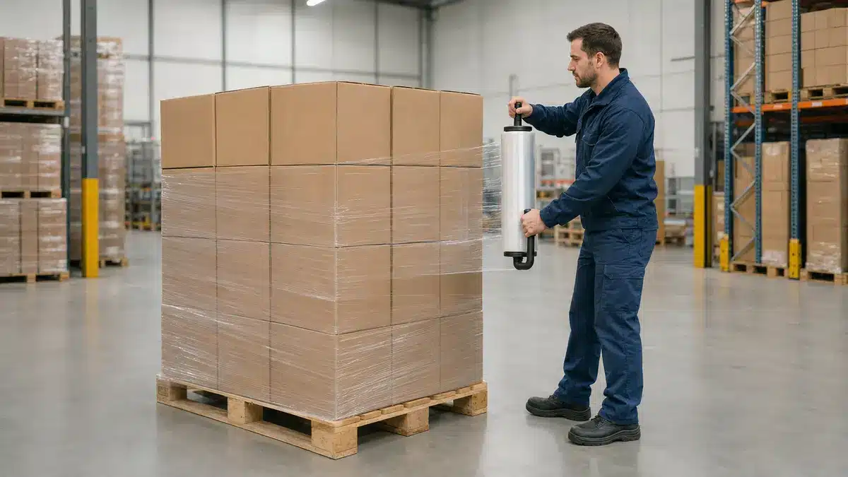 Warehouse operator applying clear PE stretch film to a pallet of plain cartons